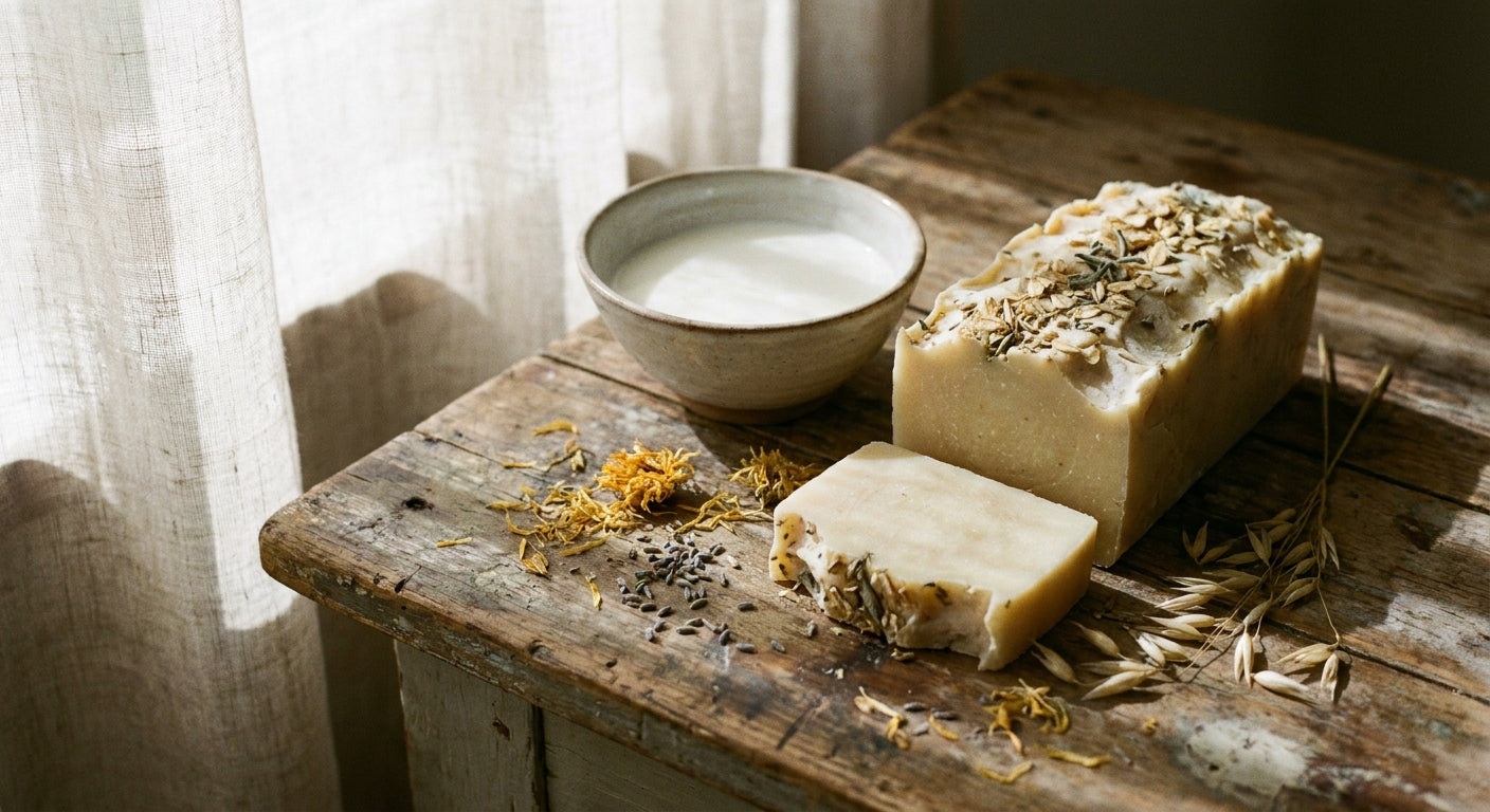 A hand-cut artisan soap bar resting on a wooden surface beside a ceramic bowl of goat milk and dried botanicals in soft natural light.