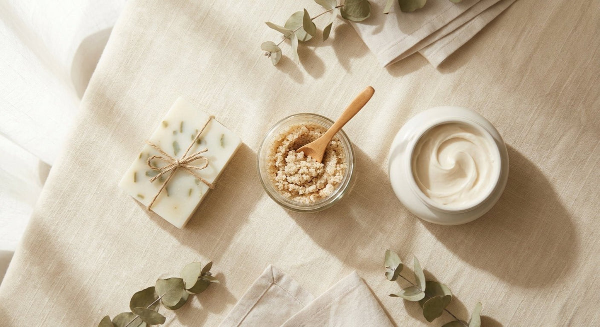 A serene flat lay of a handcrafted soap bar, a jar of body scrub with a wooden spoon, and a pot of body butter arranged on warm cream linen in soft natural light.