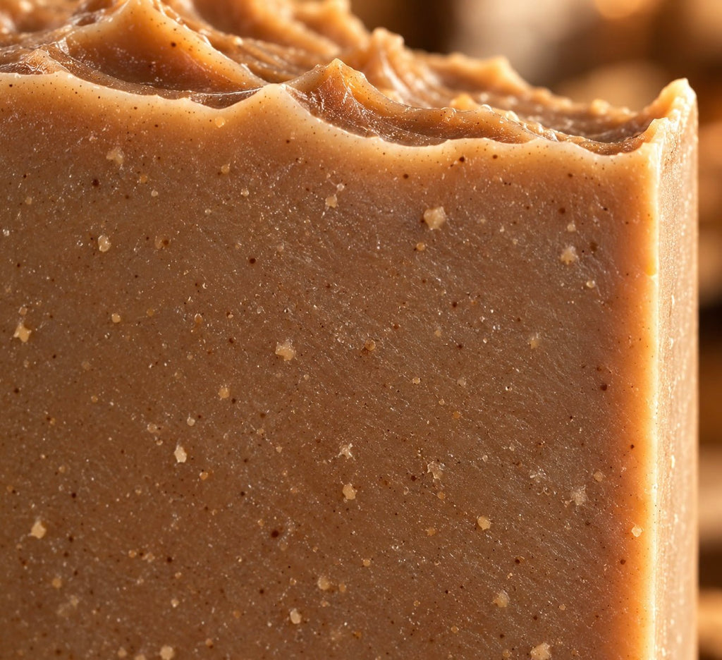 Up-close texture shot of Bare Daily Seasonal Apples and Maple Bourbon Goat Milk Bar Soap. Showing handmade texture of a bar that is a tan and burnt orange shade. 