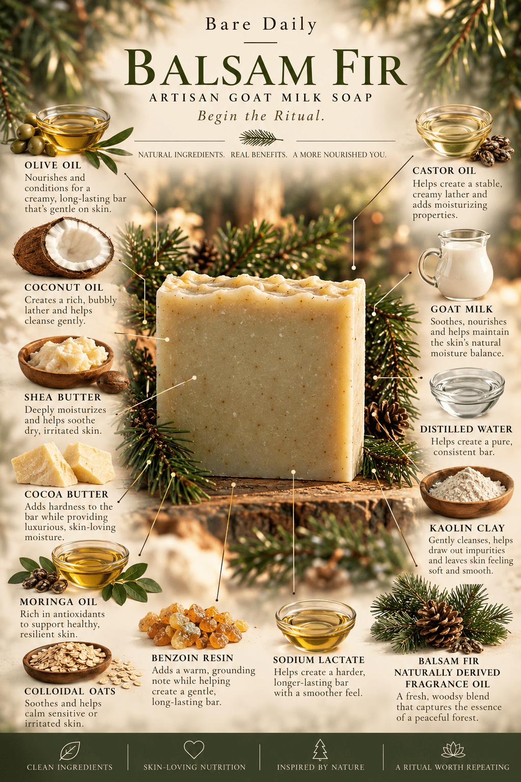 Bare Daily Balsam Fir artisan soap bar styled with fresh botanical ingredients, moringa leaves, and pinecones on a flat lay surface.