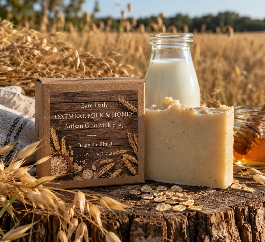 A bar of Bare Daily Oatmeal Milk & Honey artisan goat milk soap stands next to its kraft paper box on a rustic wooden stump, with a glass bottle of milk, honey, and scattered oats in the foreground. The background is a blurred golden wheat field.