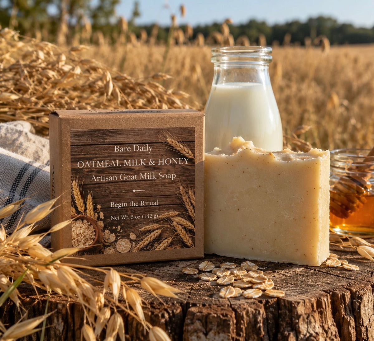 A bar of Bare Daily Oatmeal Milk & Honey artisan goat milk soap stands next to its kraft paper box on a rustic wooden stump, with a glass bottle of milk, honey, and scattered oats in the foreground. The background is a blurred golden wheat field.