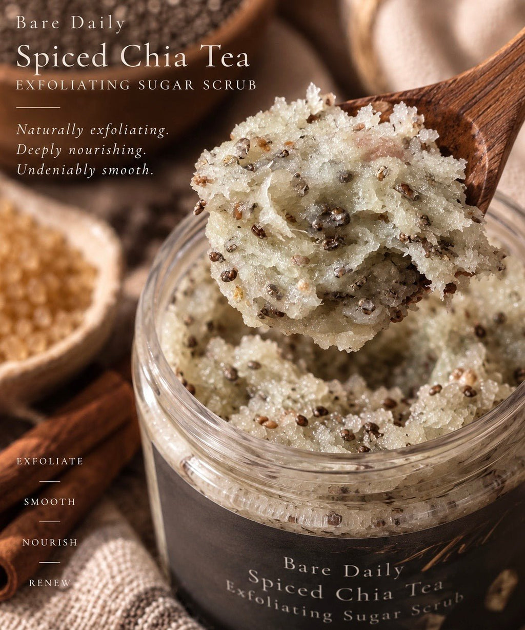 A jar of Bare Daily Spiced Chia Tea Exfoliating Sugar Scrub with a wooden spoon lifting some of the scrub, set on a rustic burlap fabric background with text overlays.