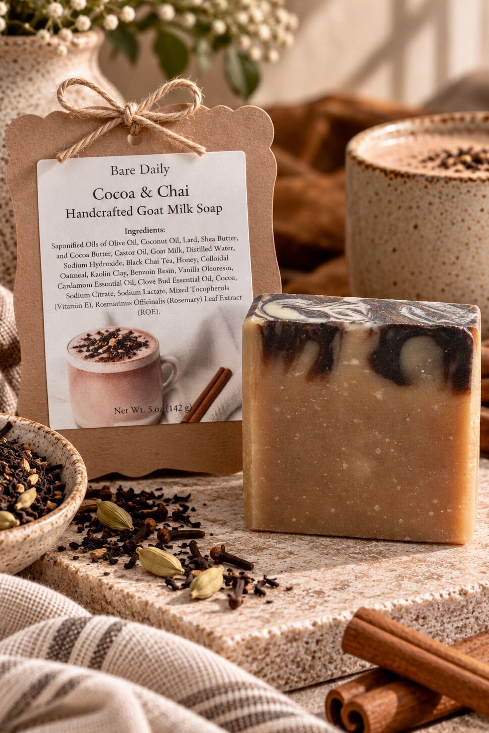 A bar of Bare Daily Cocoa & Chai handcrafted goat milk soap stands in front of its kraft paper hangtag, styled with cinnamon sticks, whole spices, and ceramic mugs on a stone surface.
