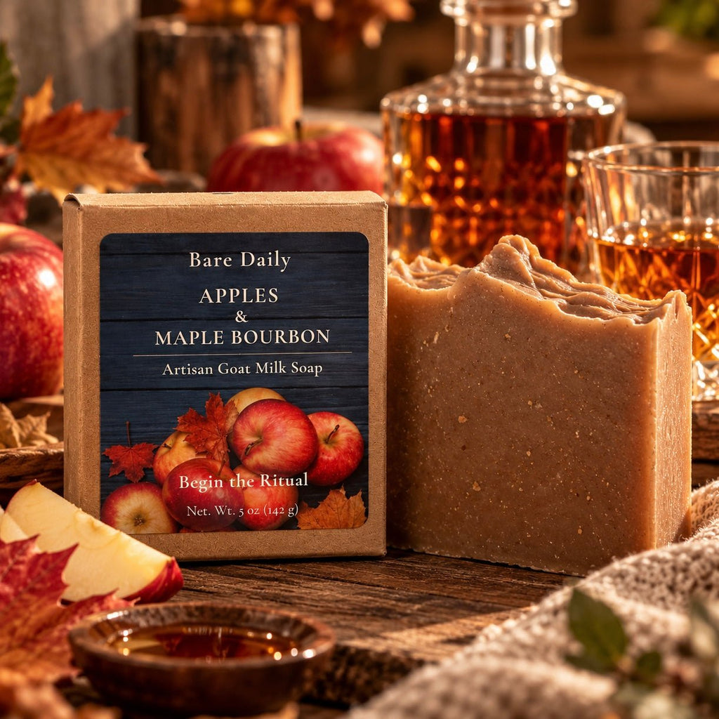 A bar of Bare Daily Apples & Maple Bourbon artisan goat milk soap stands beside its kraft paper box on a rustic wooden table, surrounded by red apples, fall leaves, a glass decanter of amber liquid, and a small bowl, creating an autumnal setting.