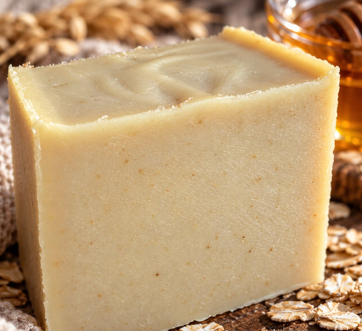 Bare Daily Oatmeal Milk & Honey Artisan Goat Milk Soap bar standing upright on a rustic wooden table surrounded by rolled oats and a jar of honey.