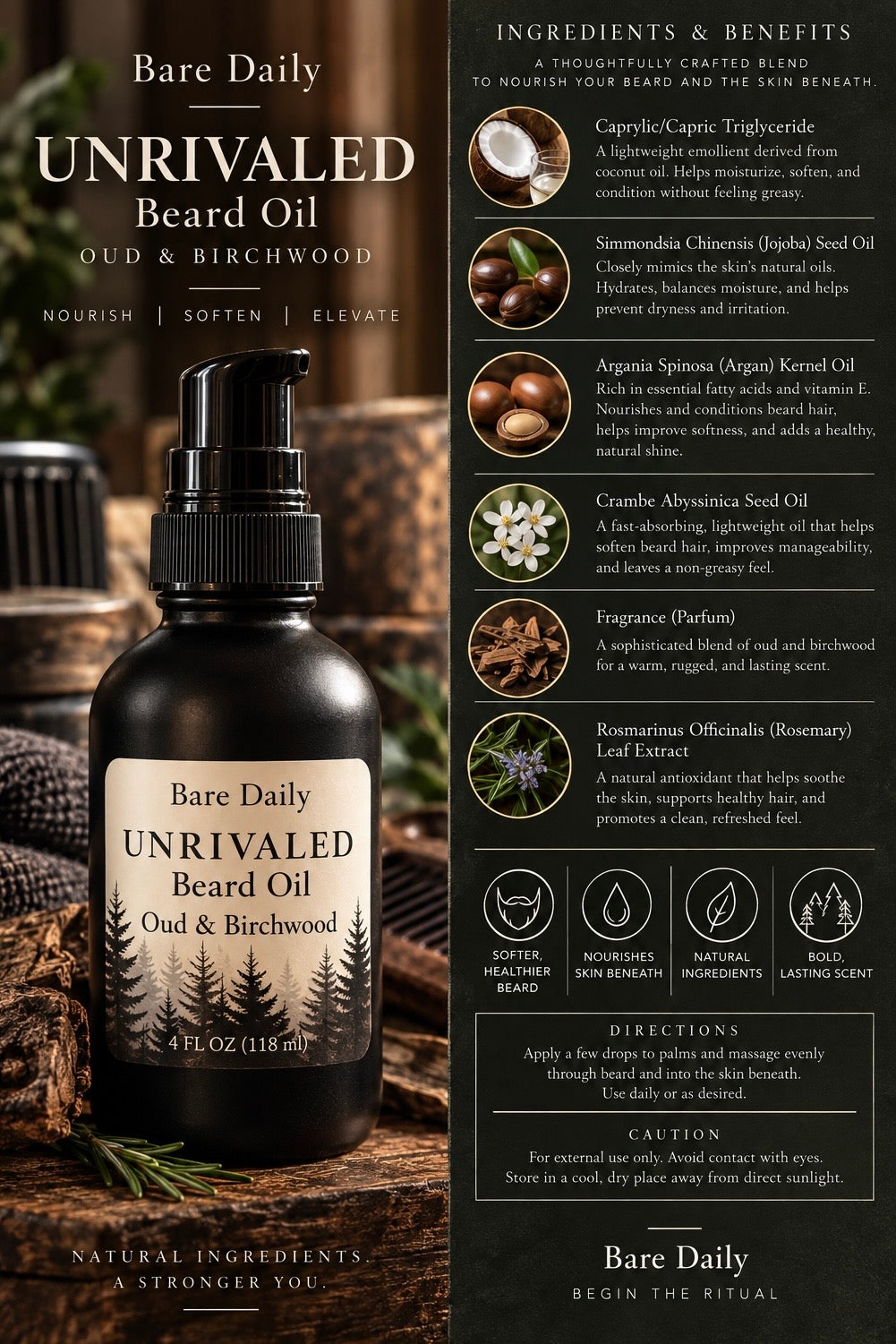 Product ingredient chart for Bare Daily Unrivaled Beard Oil, listing natural benefits of Caprylic Capric Triglyceride, Jojoba Seed Oil, Argan Kernel Oil, and Crambe Abyssinica Seed Oil.