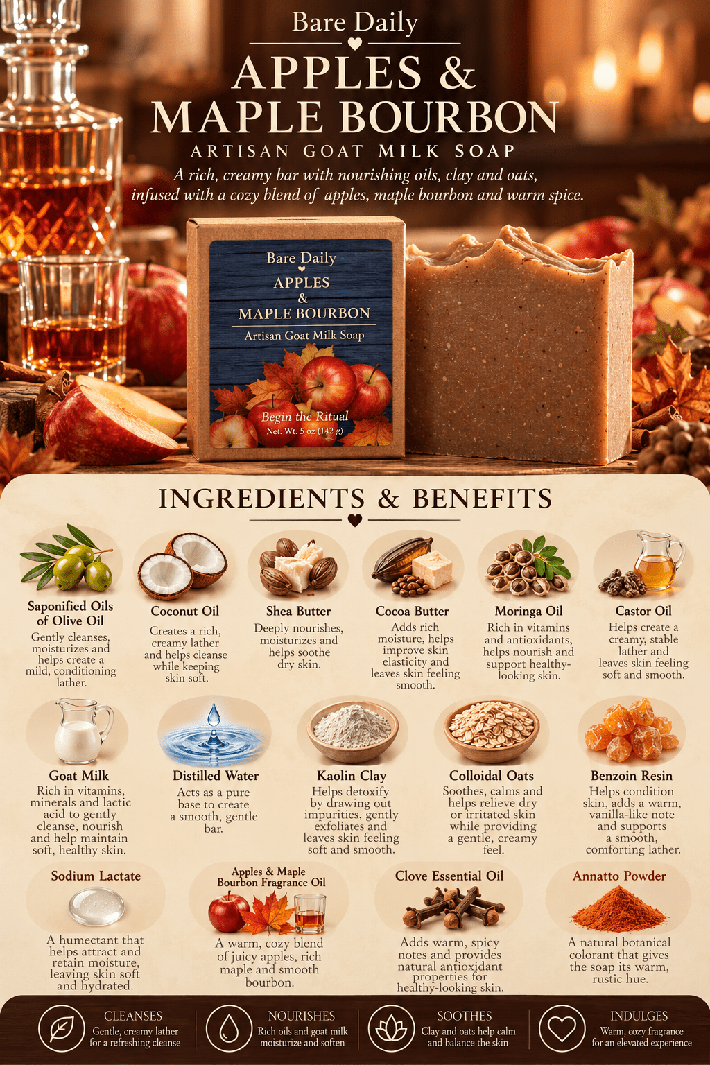 Infographic of Bare Daily Holiday Artisan bar soap Apples and Maple Bourbon. The picture shows active ingredients like Shea Butter, Cocoa Butter, Moringa Oil, and got milk with a picture of brownish orange handmade soap next to a craft box with label and a bottle of Bourbon alcohol and apples in the background. 
