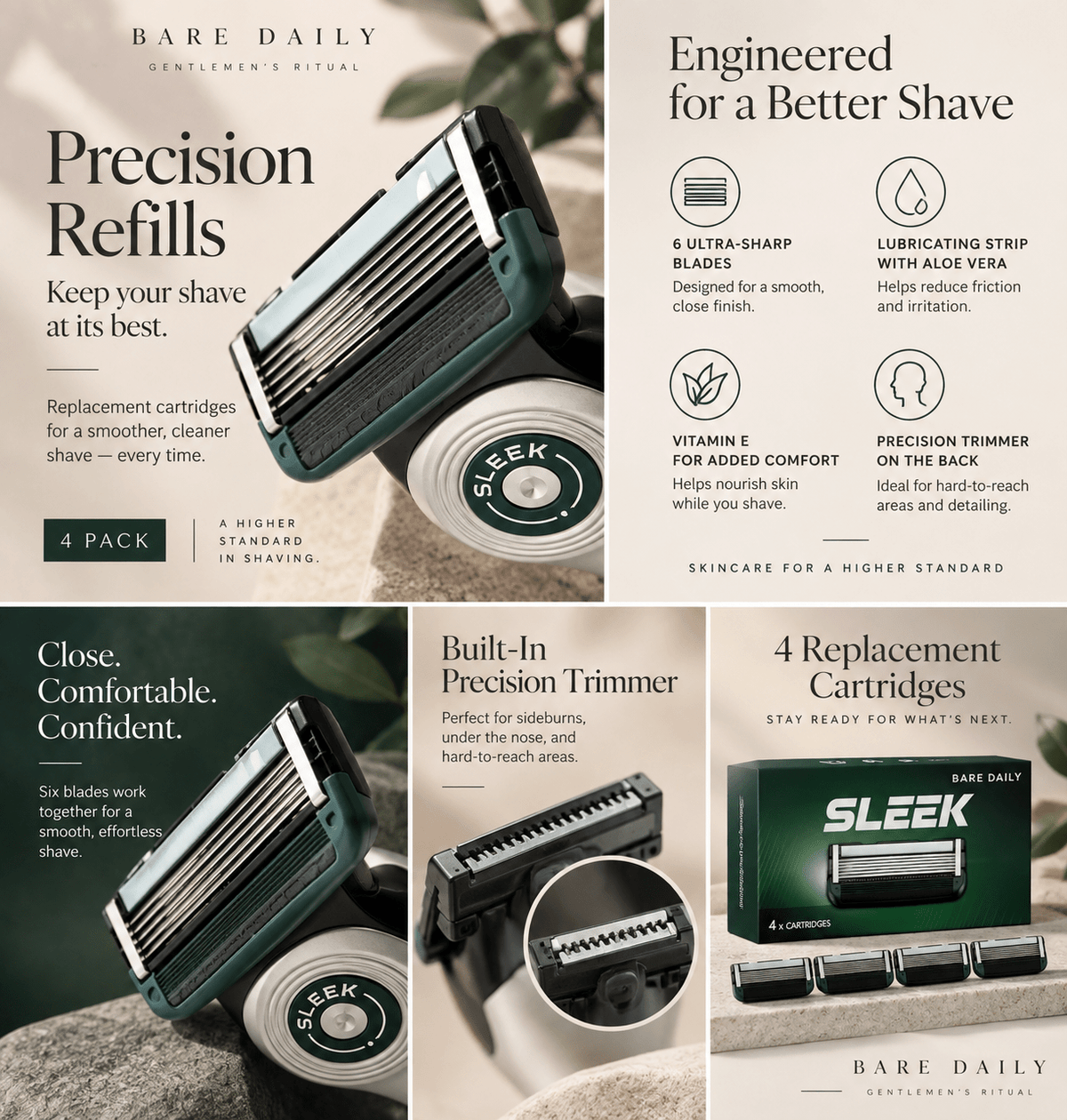 SLEEK 6-Blade Replacement Razor Cartridges | 4-Pack