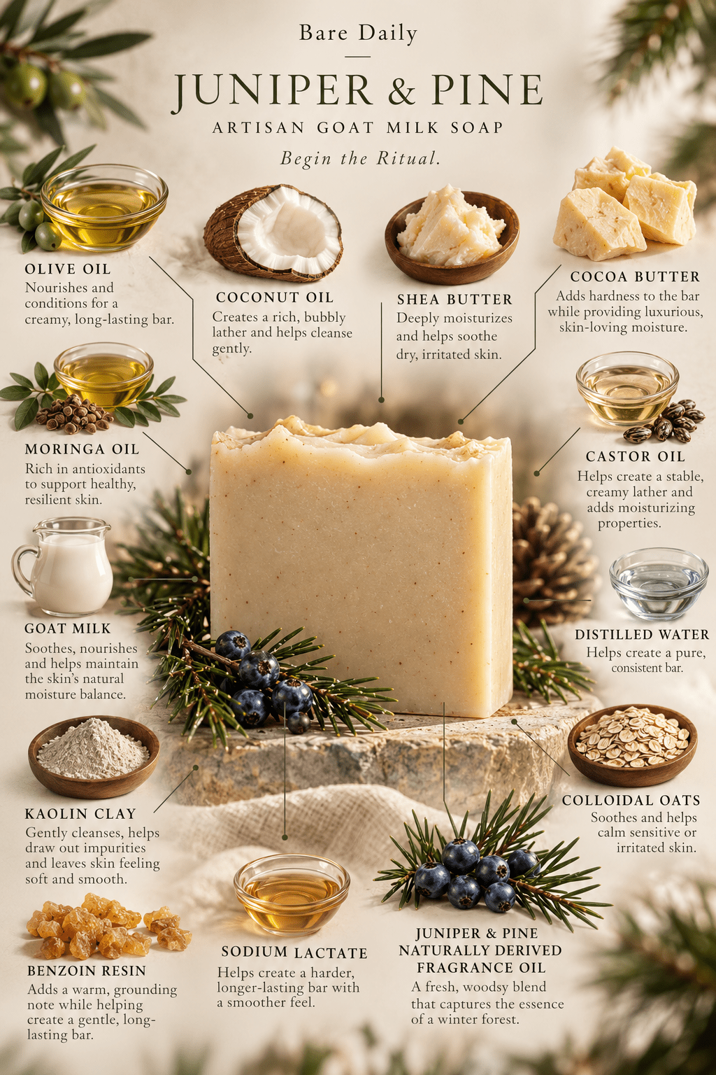 Infographic of ingredients used in Juniper and Pine Artisan Goat Milk bar soap by Bare Daily.