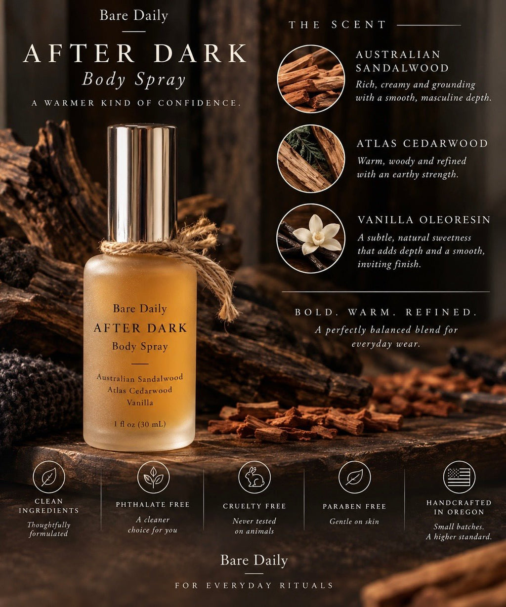 A bottle of Bare Daily After Dark Body Spray is shown on a rustic dark wood background with scent callouts, ingredient icons, and branding text. The bottle is amber-toned with a metallic silver cap and a twine tie, surrounded by cinnamon sticks and wood textures.