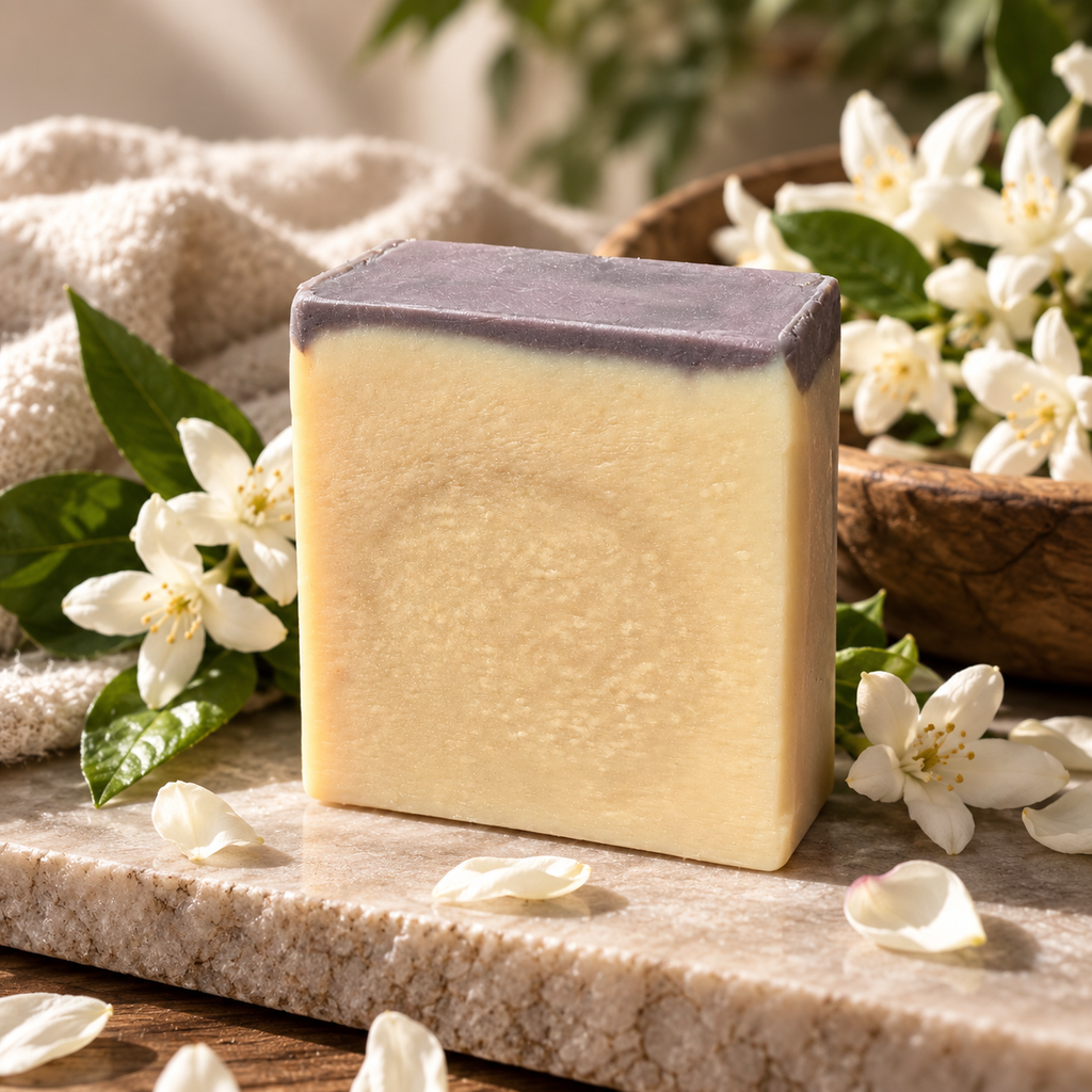 A rectangular bar of handmade Jasmine Petals by Bare Daily goat milk bar soap with a pale yellow body and a dark purple top layer, styled on a stone surface with white flowers, green leaves, and a beige cloth in the background.