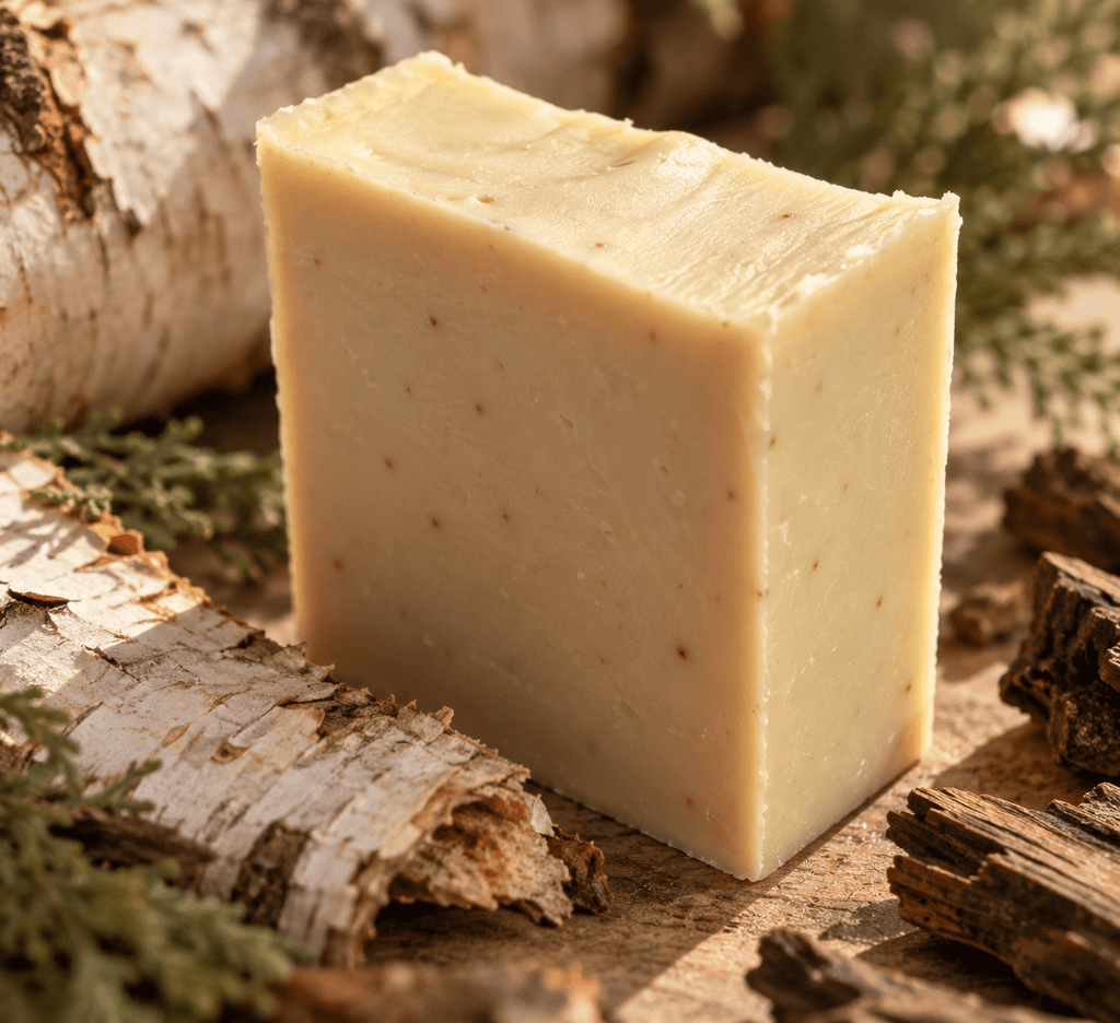 Close up texture of Birchwood and Oud handcrafted goat milk soap.