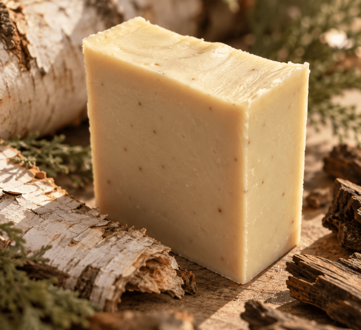 Bare Daily artisan goat milk soap bar close-up showing natural texture alongside rustic birch bark and cedar greenery.