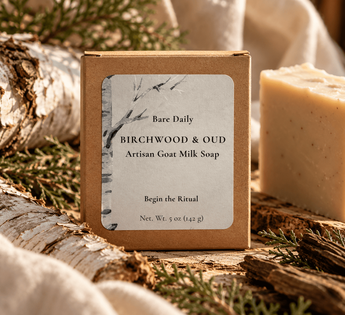 Bare Daily Birchwood & Oud Artisan Goat Milk Soap in a kraft paper box next to a natural soap bar and birch logs.