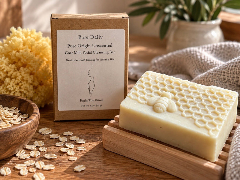 A bar of Bare Daily goat milk facial cleansing bar soap in a pale yellow color with a honeycomb pattern, displayed on a wooden soap dish next to its brown cardboard packaging box.