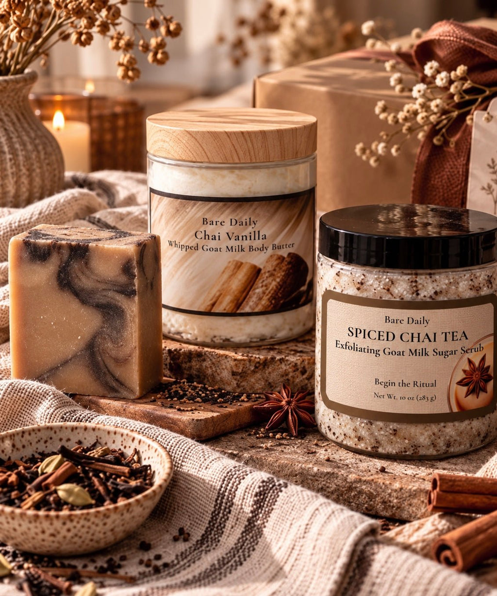 Bare Daily Autumn skincare collection gift set featuring Chai Body Butter, Spiced Chai Tea sugar scrub, and cocoa chai goat milk bar soap. 