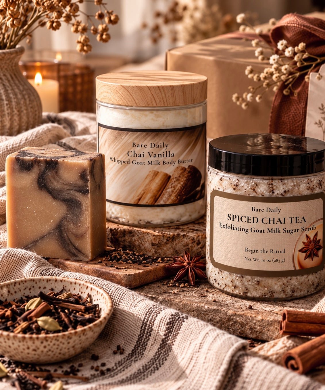 Bare Daily Autumn skincare collection gift set featuring Chai Body Butter, Spiced Chai Tea sugar scrub, and cocoa chai goat milk bar soap. 
