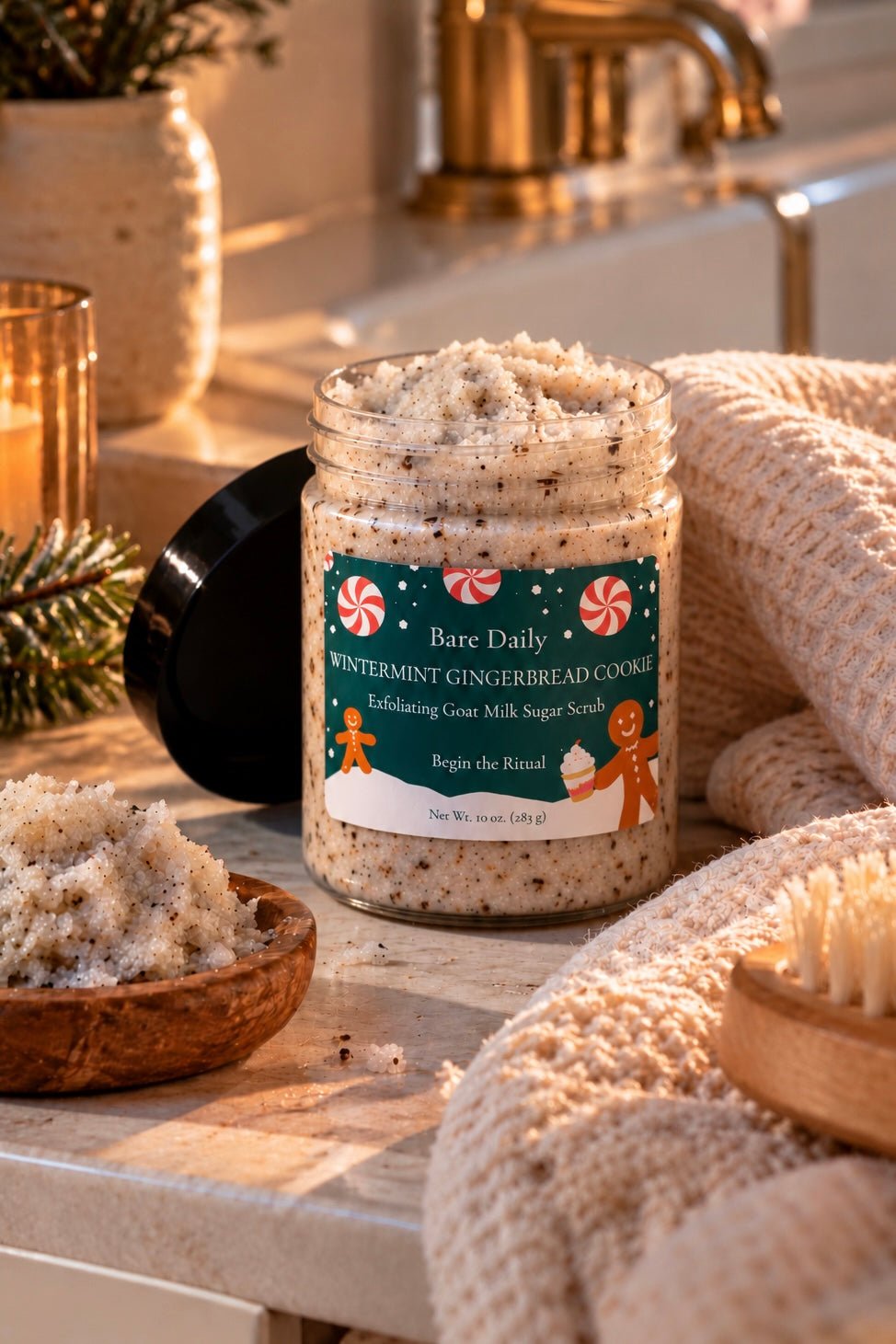 Open jar of Bare Daily Wintermint Gingerbread Cookie Exfoliating Goat Milk Sugar Scrub styled on a bathroom counter with towels and a wooden dish.