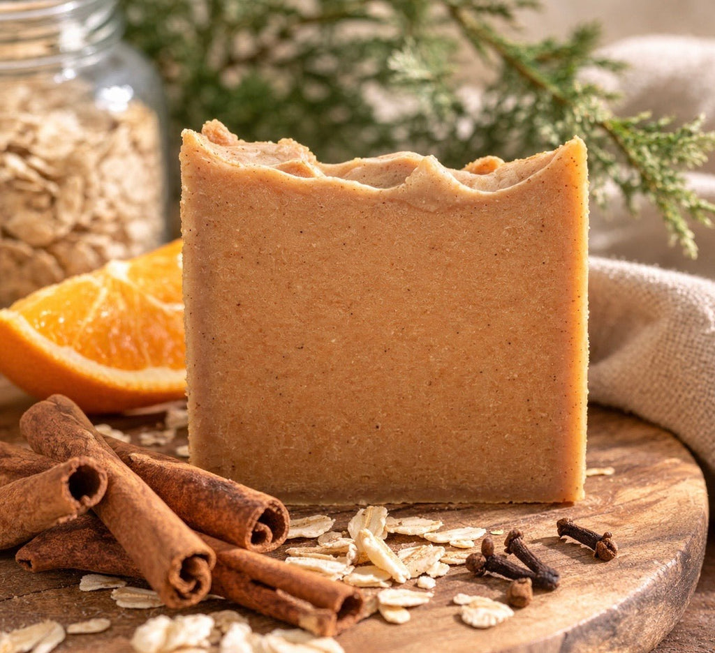 Bare Daily Spiced Gingerbread & Sweet Orange artisan goat milk soap bar styled on a wooden board with cinnamon sticks, cloves, rolled oats, and fresh orange slices.
