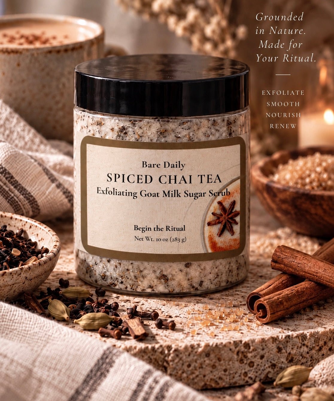 Bare Daily Spiced Chai Tea Exfoliating Goat Milk Sugar Scrub jar styled on a stone surface with cinnamon sticks, cloves, and cardamom.