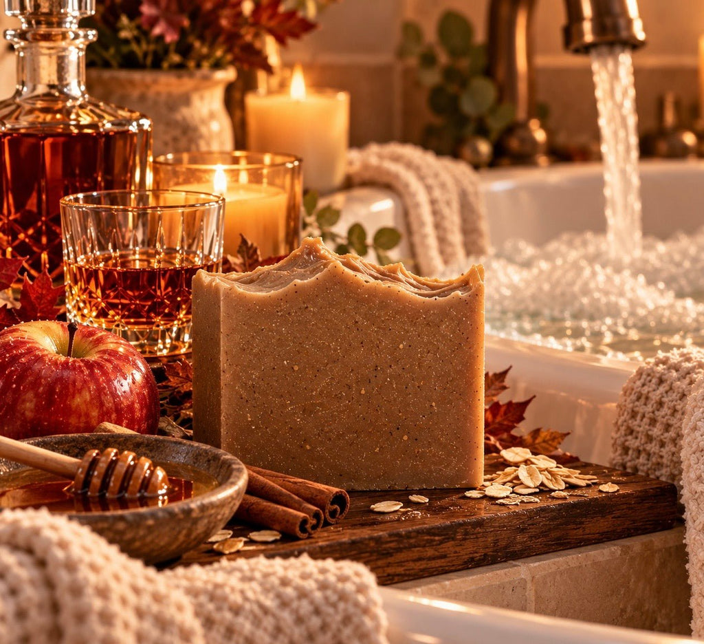 A rustic bar of Bare Daily Apples and Maple Bourbon Goat Milk Seasonal Holiday. The soap stands on a wooden tray in a warm, cozy bathroom setting with running water, candles, an apple, cinnamon sticks, oats, and honey.