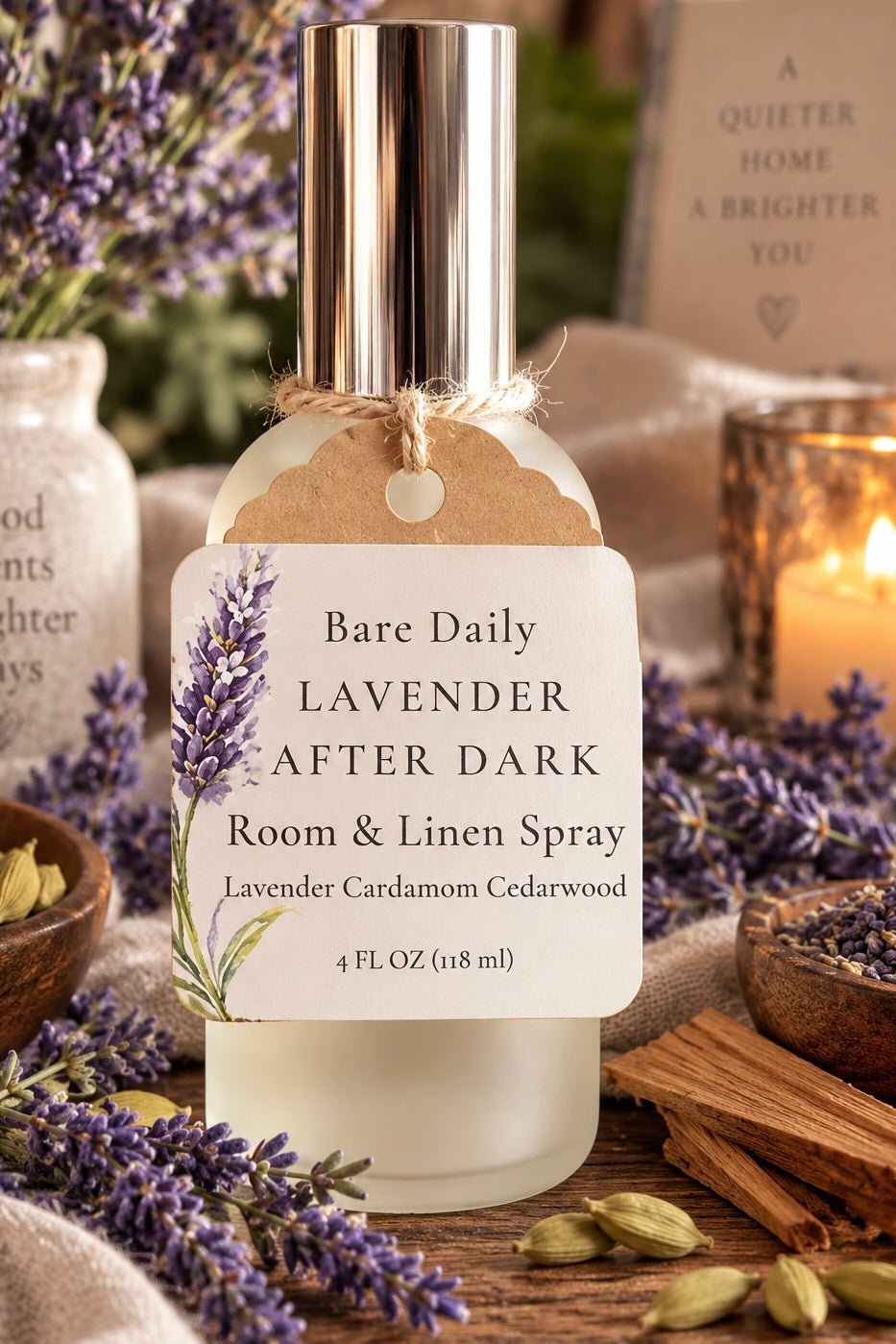 A bottle of Bare Daily Lavender After Dark Room & Linen Spray, styled on a rustic wooden surface with lavender sprigs, cinnamon sticks, cardamom pods, and a lit candle in the background.