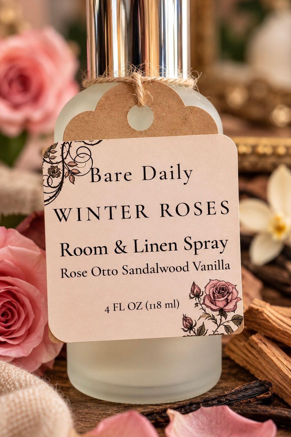A frosted glass room and linen spray bottle with a metallic silver cap, wrapped in a kraft paper tag that reads 'Bare Daily Winter Roses Room & Linen Spray.' The bottle is styled with pink roses, wood pieces, and soft floral elements in the background.