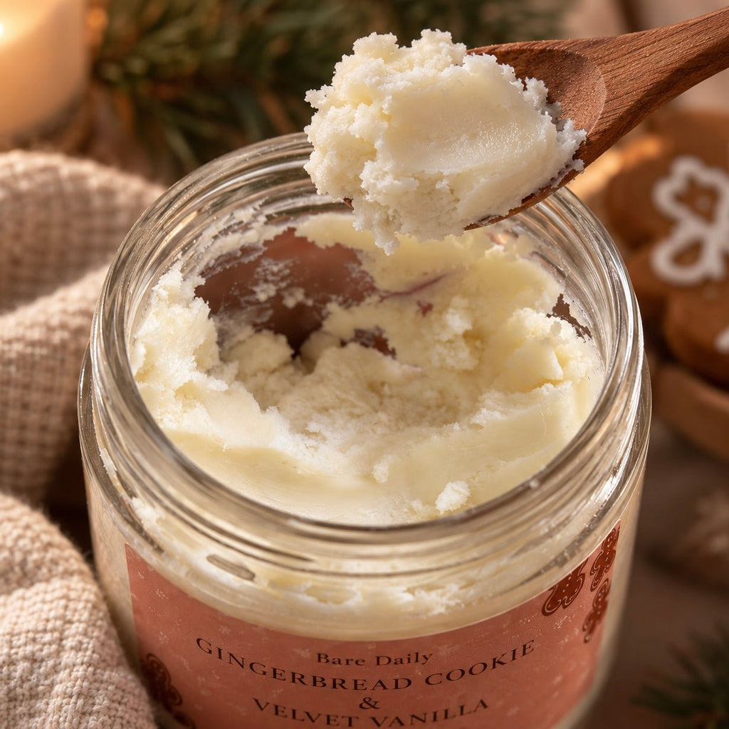 Close-up image of texture of Bare Daily Gingerbread Cookie and Velvet Vanilla Goat Milk Body Butter on a wooden spoon with blurred soft tan linen and gingerbread cookie in background. 