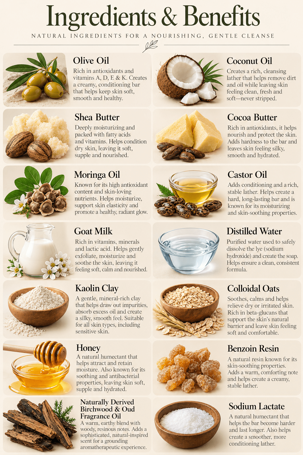 Bare Daily artisan goat milk soap ingredients and benefits infographic detailing natural oils, butters, and goat milk properties.