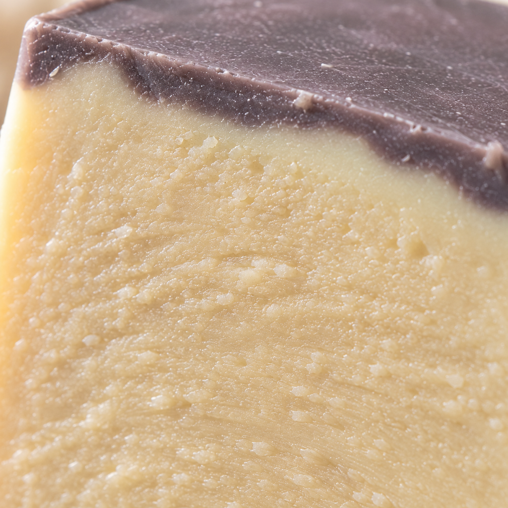 Close-up of a rectangular bar of soap with a pale cream-colored body and a dark purple-coated Brazillian Clay top surface by Bare Daily