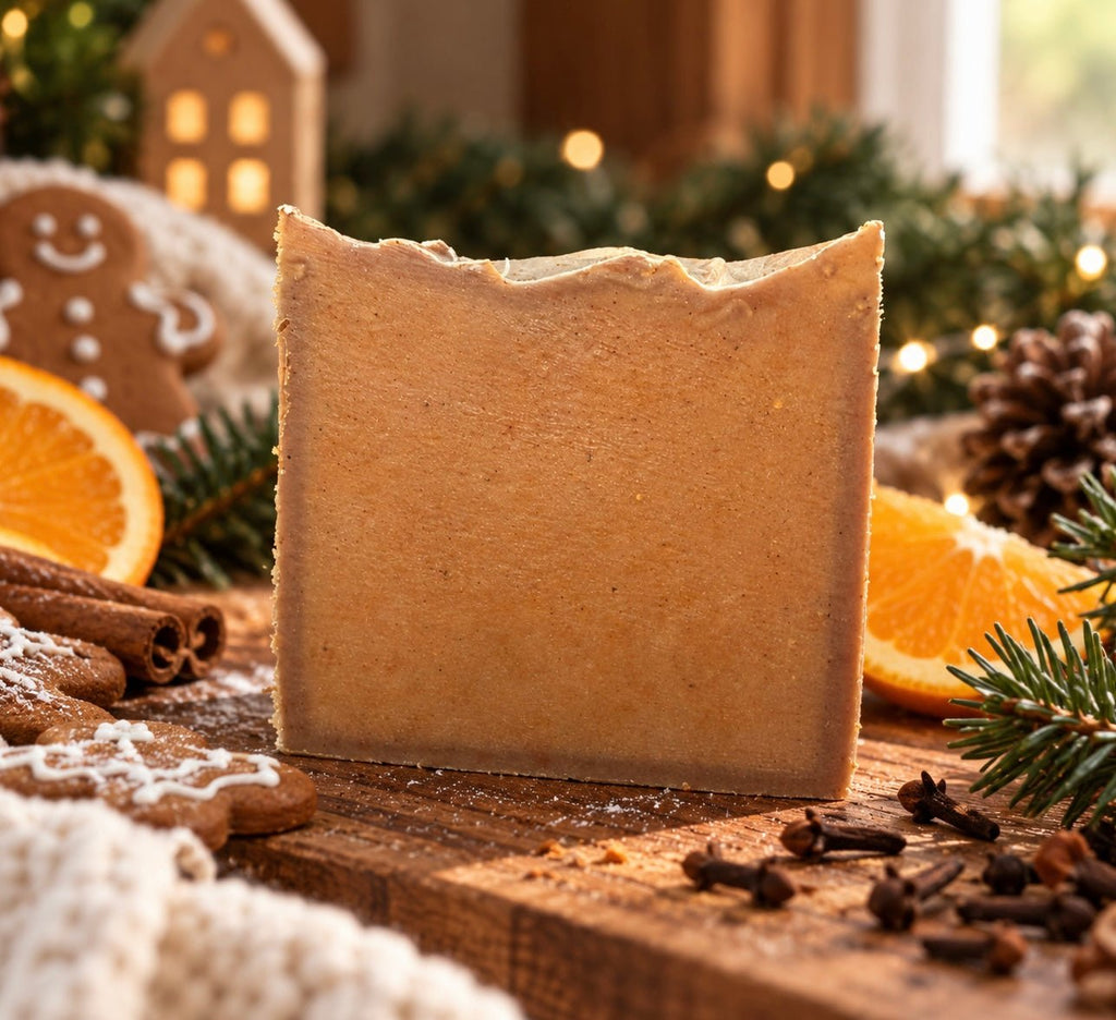A rectangular bar of warm tan seasonal Christmas goat milk soap by Bare Daily stands upright on a wooden surface, surrounded by holiday-themed props including orange slices, cinnamon sticks, pine needles, cloves, gingerbread cookies, and a softly blurred Christmas scene in the background.