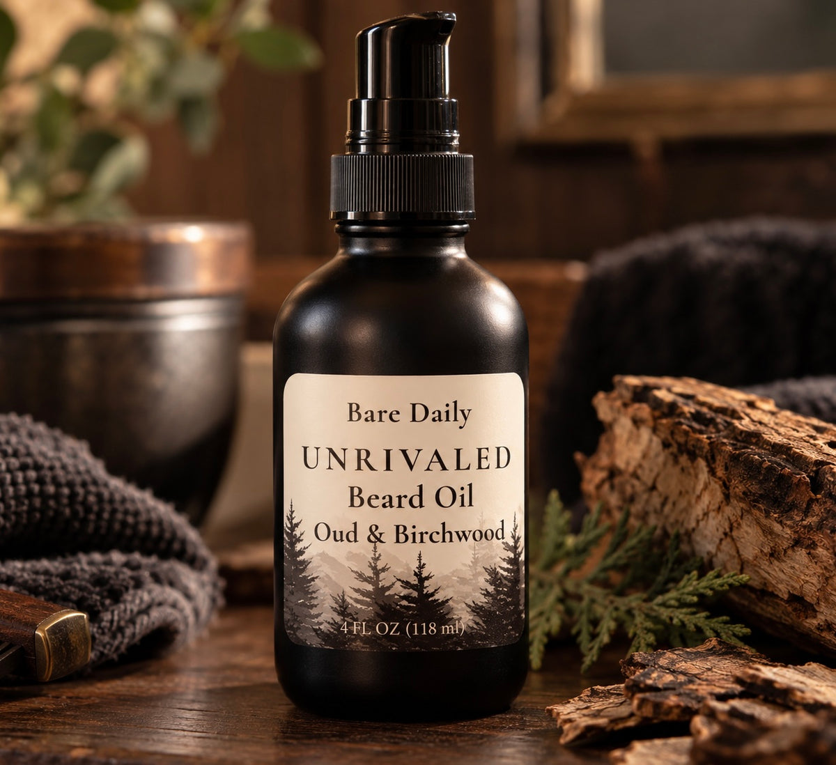 Bare Daily Unrivaled Beard Oil in a 4 oz amber glass pump bottle, featuring an Oud and Birchwood scent label, displayed against a rustic wood and stone grooming backdrop.
