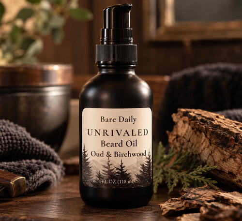 Bare Daily Unrivaled Beard Oil in a 4 oz amber glass pump bottle, featuring an Oud and Birchwood scent label, displayed against a rustic wood and stone grooming backdrop.