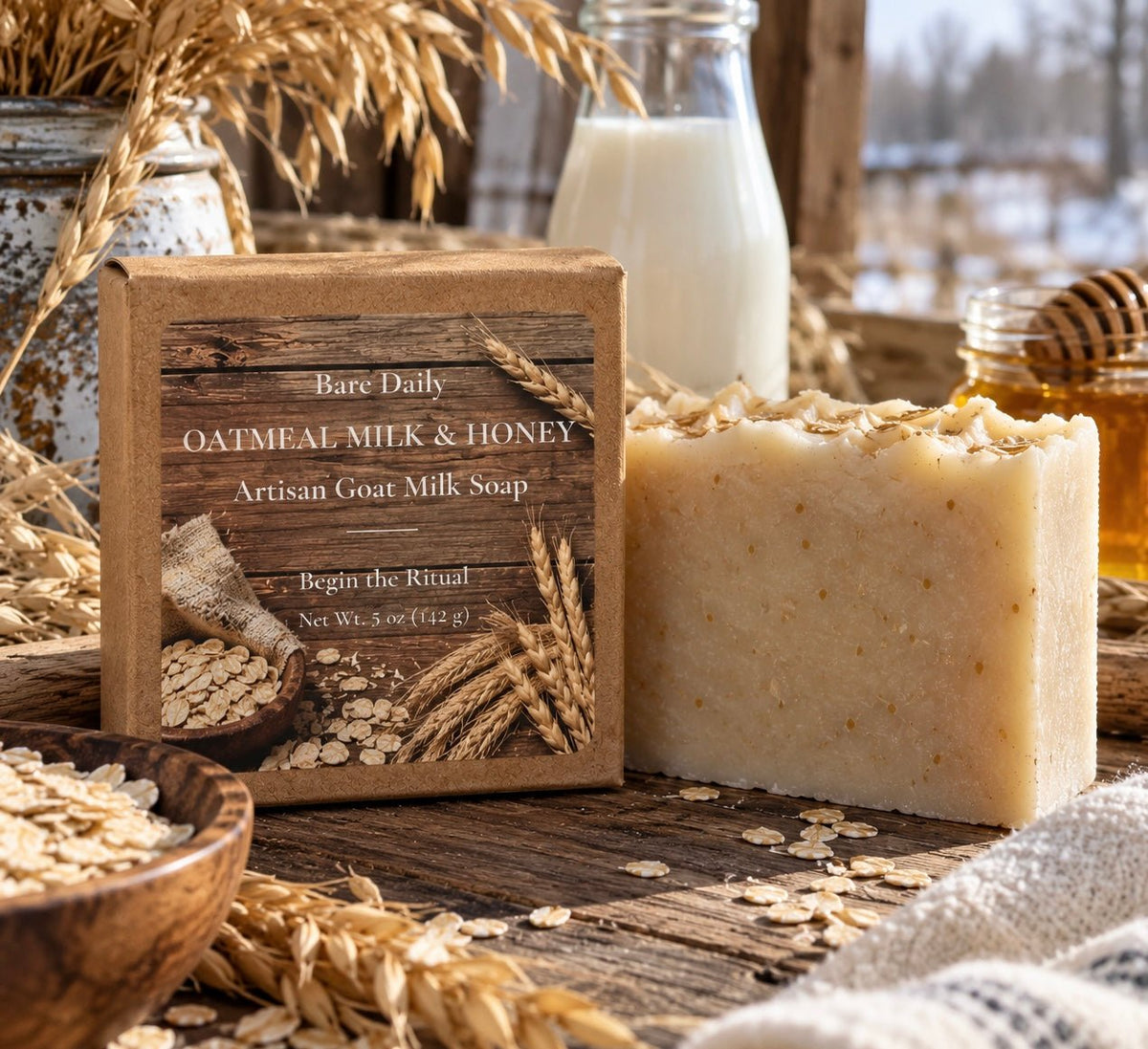 Bare Daily Oatmeal Milk & Honey Artisan Goat Milk Soap bar next to its 5 oz product box on a rustic wooden table with rolled oats, fresh honey, and a milk bottle.