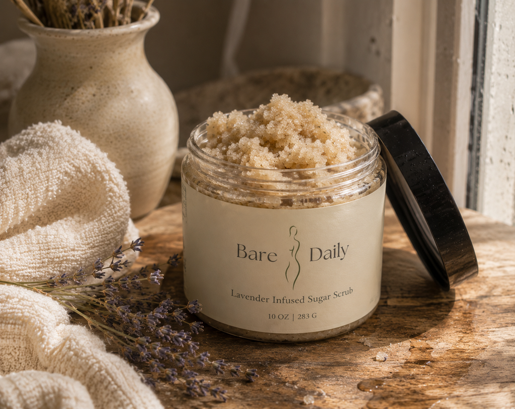 Bare Daily Lavender Infusion Sugar Scrub — Goat Milk, Shea, Cocoa & Mango Butter Exfoliating Body Scrub