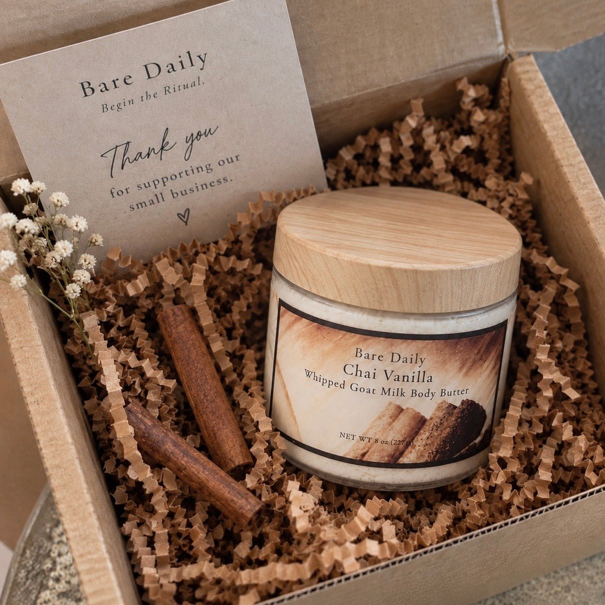 Unboxing photo of Bare Daily seasonal 8 oz. Chai Vanilla Body Butter 