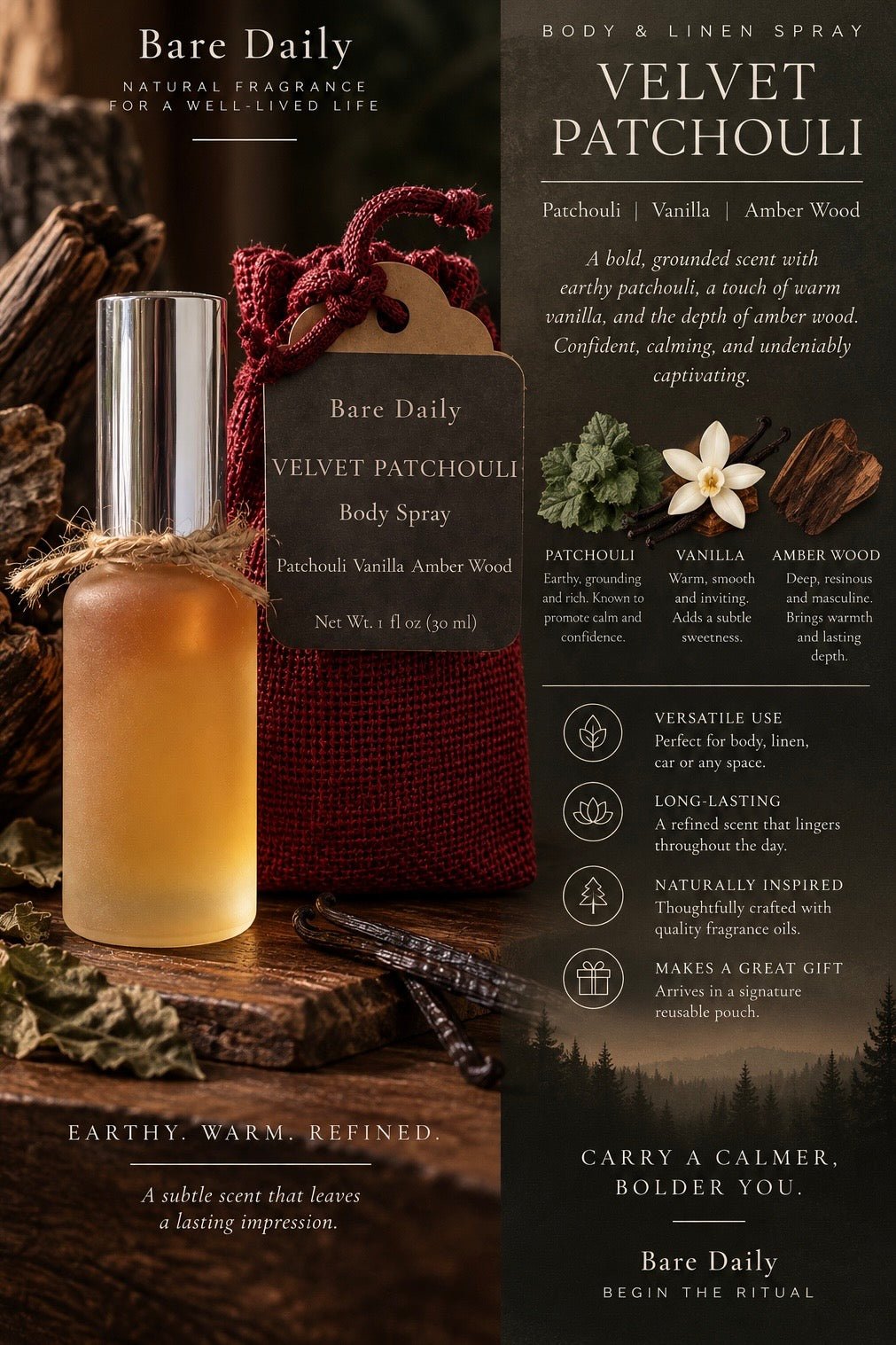 Bare Daily Velvet Patchouli body and linen spray shown as a clear bottle with amber liquid and a red textured spray pouch, alongside scent notes and product information on a dark background.