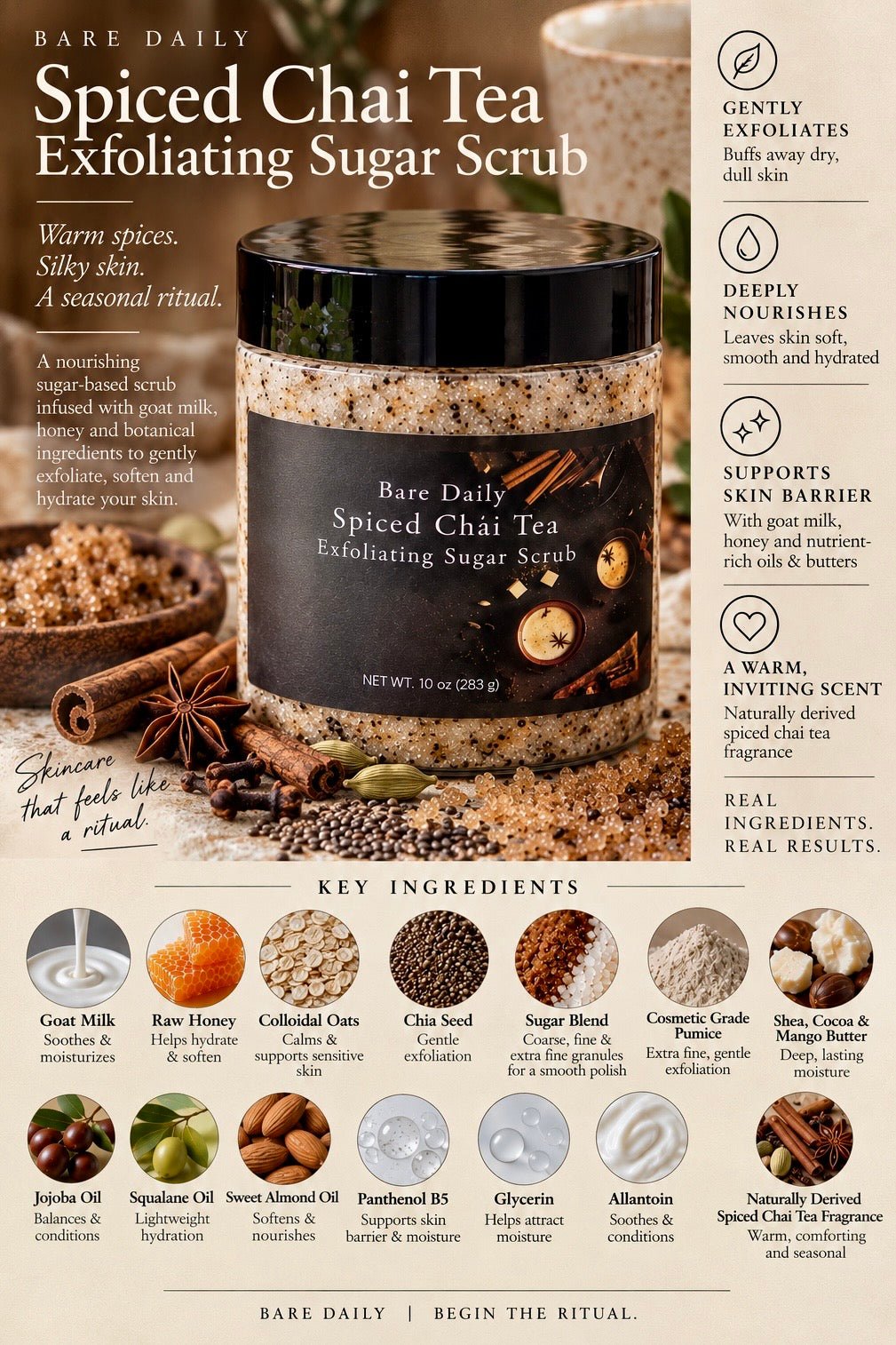 A jar of Bare Daily Spiced Chai Tea Exfoliating Sugar Scrub shown on a styled background with chai ingredients, surrounded by informational text and ingredient callouts.