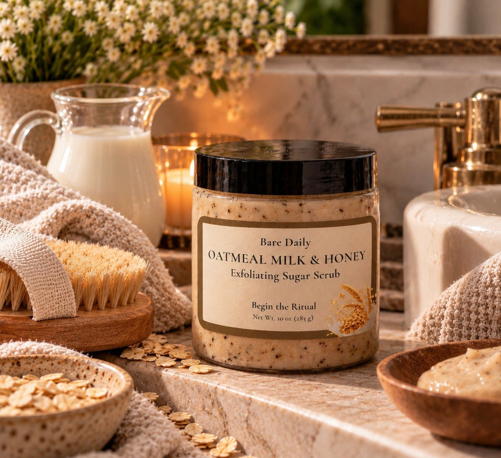 Bare Daily Oatmeal Milk & Honey Exfoliating Sugar Scrub 10 oz jar on a rustic display table surrounded by rolled oats, a glass milk pitcher, and a jar of honey.
