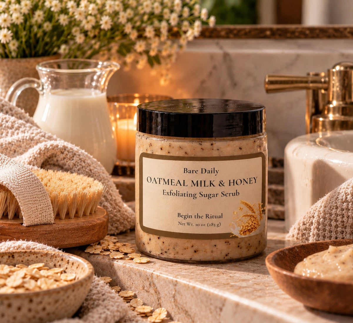 Bare Daily Oatmeal Milk & Honey Exfoliating Sugar Scrub 10 oz jar on a rustic display table surrounded by rolled oats, a glass milk pitcher, and a jar of honey.