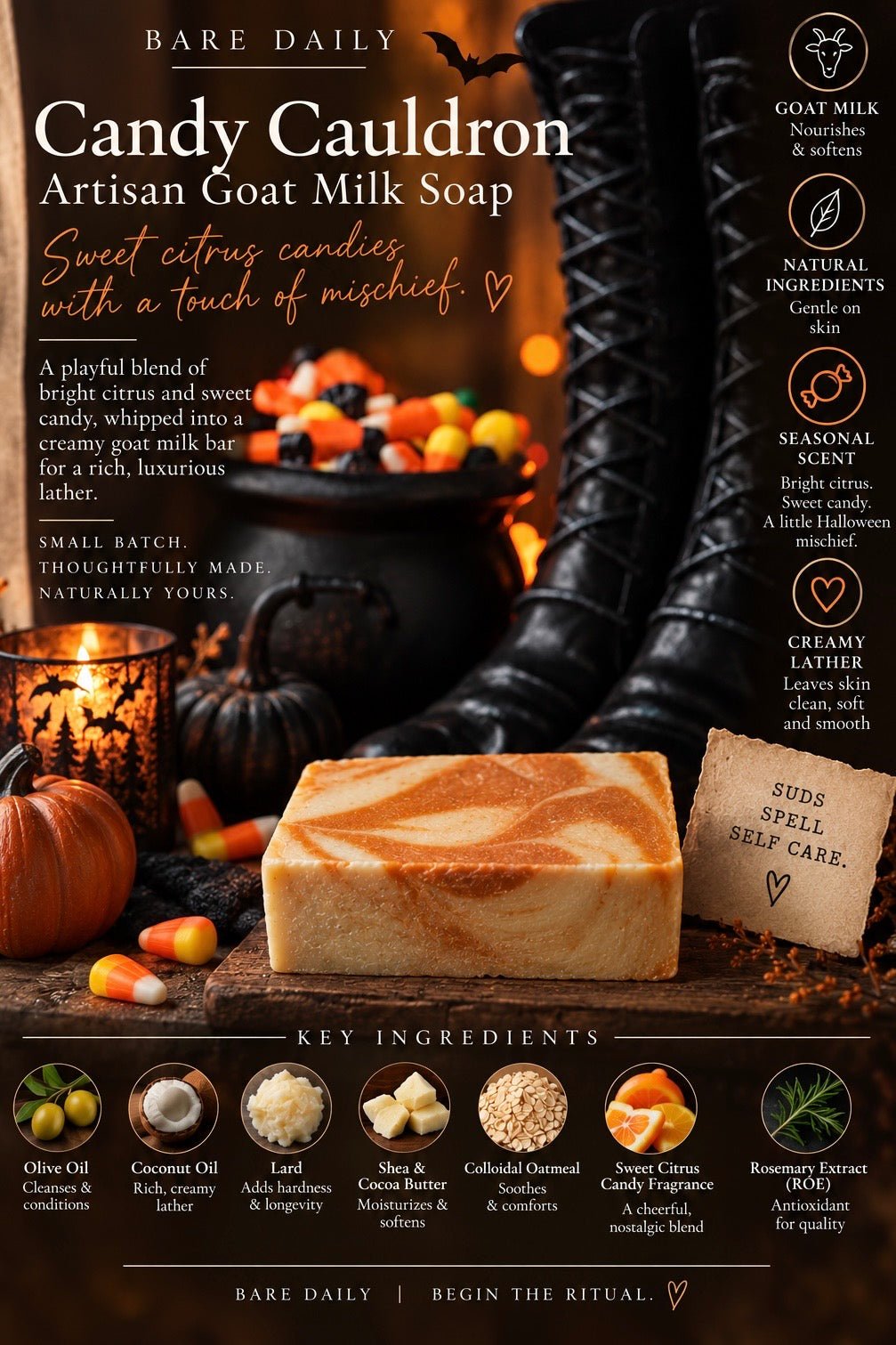 A styled product listing graphic for Bare Daily Candy Cauldron Artisan Goat Milk Soap. The image features a bar of pale beige soap in the foreground, with a small wooden tag reading 'SUDE SPELL CARE.