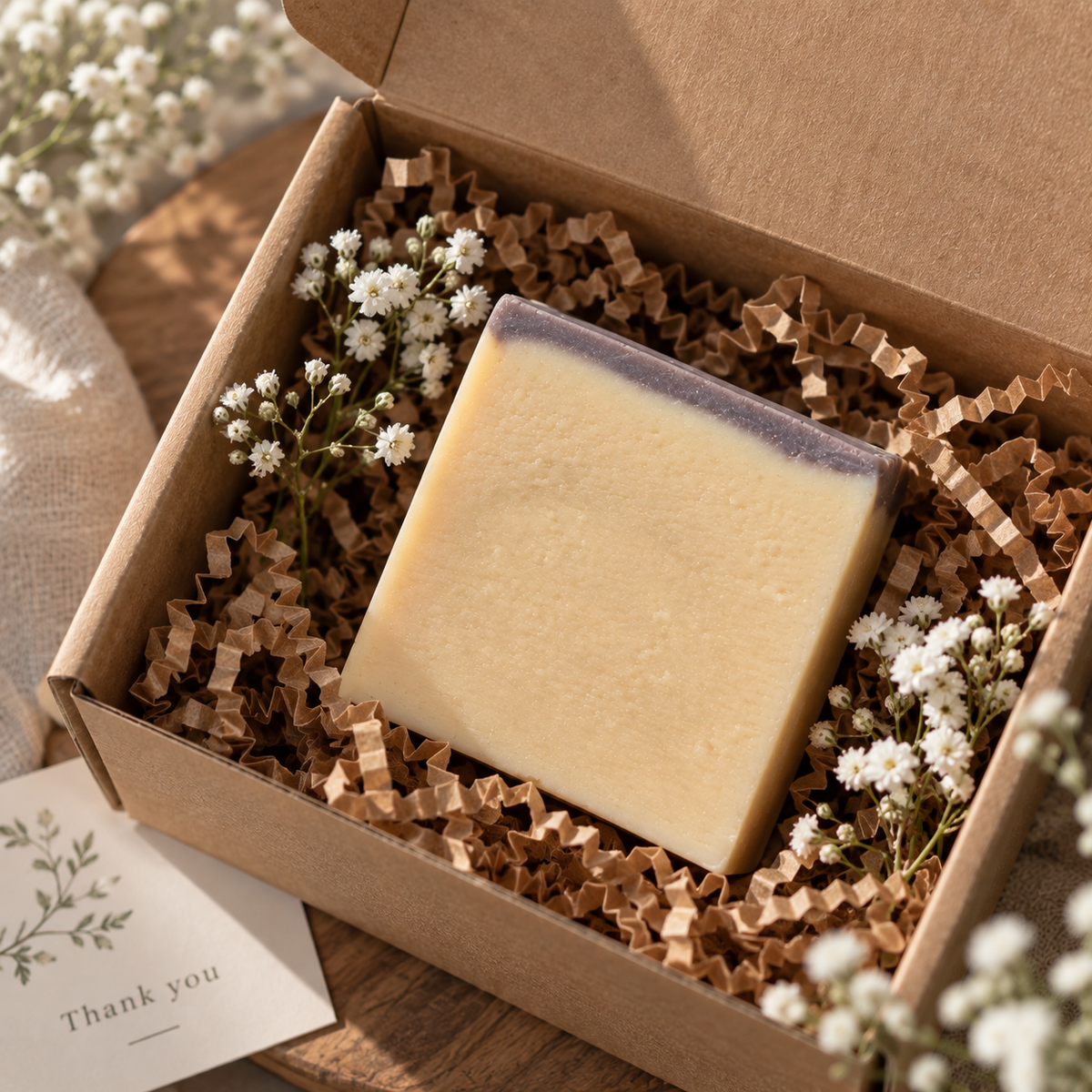 A rectangular bar of Bare Daily Jasmine Petals goat milk soap with a dark purple top edge, nestled in brown crinkle paper filler inside an open kraft gift box with small white flowers. A small thank-you card is partially visible at the lower left on a wooden surface.