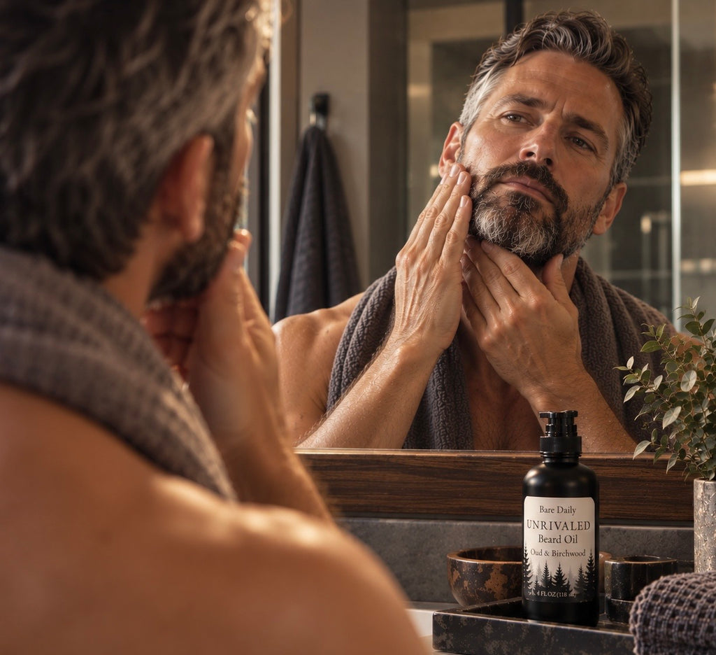 A well-groomed man applying Bare Daily Unrivaled Beard Oil to his beard and jawline in a bathroom mirror, showcasing a premium men's self-care and grooming routine.