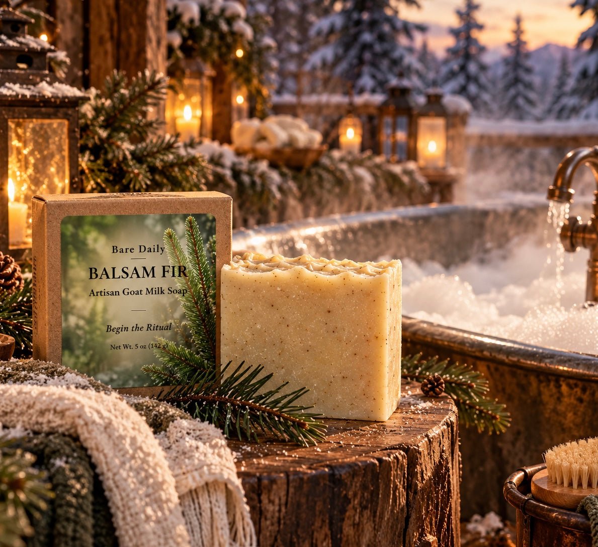 Bare Daily Balsam Fir artisan goat milk soap bar and box on a rustic log next to a steaming outdoor bath in the snow.