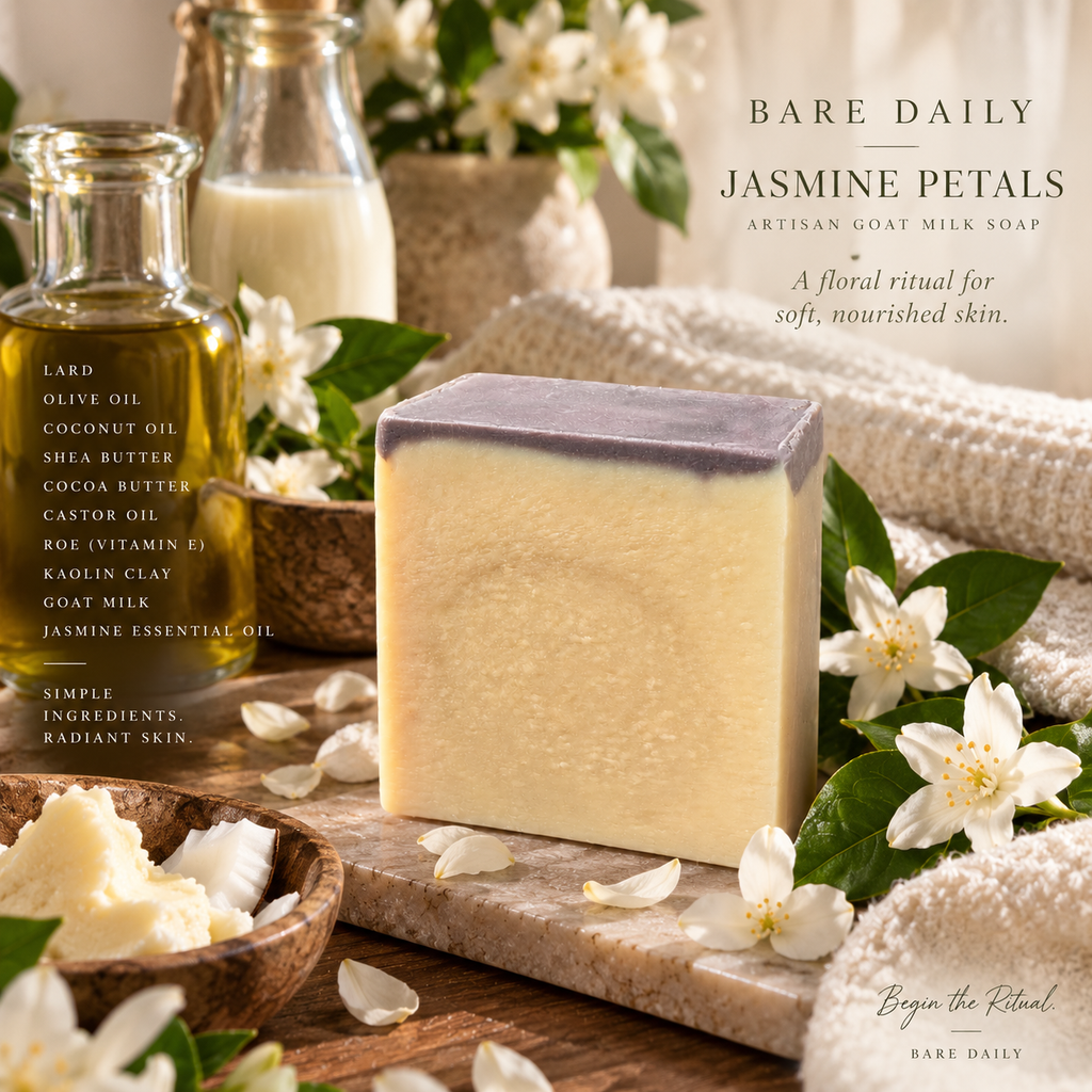 A rectangular bar of Bare Daily Jasmine Petals artisan goat milk soap stands on a stone board surrounded by white jasmine flowers, a towel, glass bottles, and bowls of ingredients. Product text appears on the left and right sides of the image.