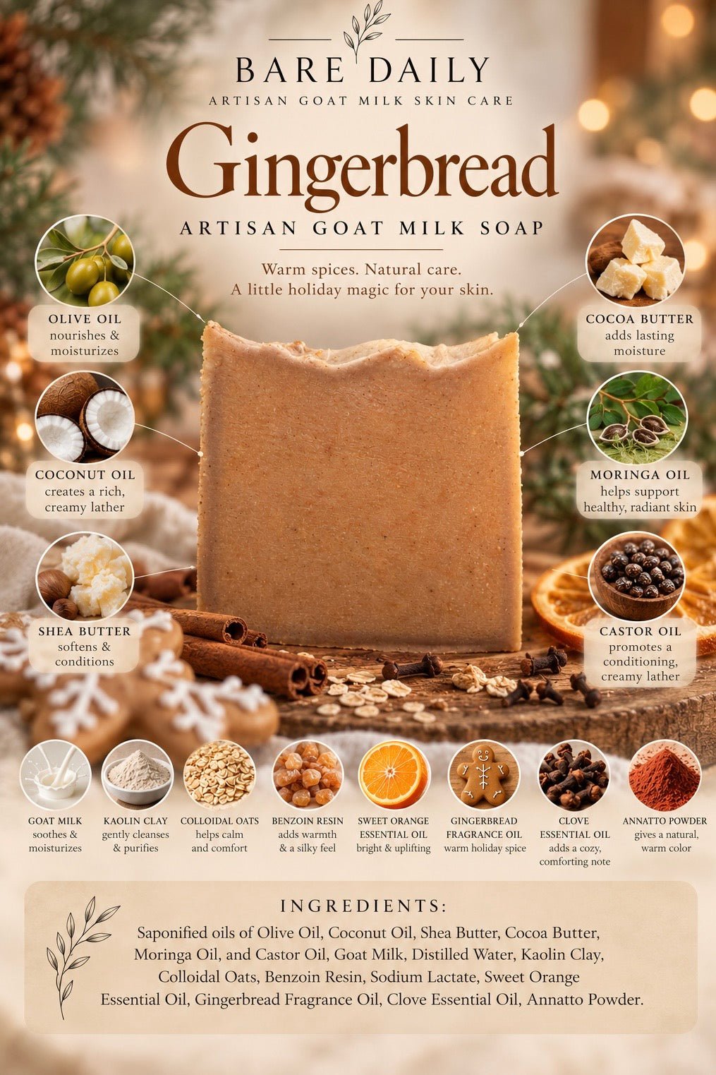 A Bare Daily Gingerbread Artisan Goat Milk Skin Care soap bar centered on a rustic wooden surface, surrounded by ingredient callouts and text detailing the ingredients. The background is a warm, blurred holiday scene with lights and gingerbread motifs.