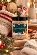 Bare Daily Wintermint Gingerbread Cookie Exfoliating Goat Milk Sugar Scrub jar styled with holiday gingerbread cookies and candy canes.