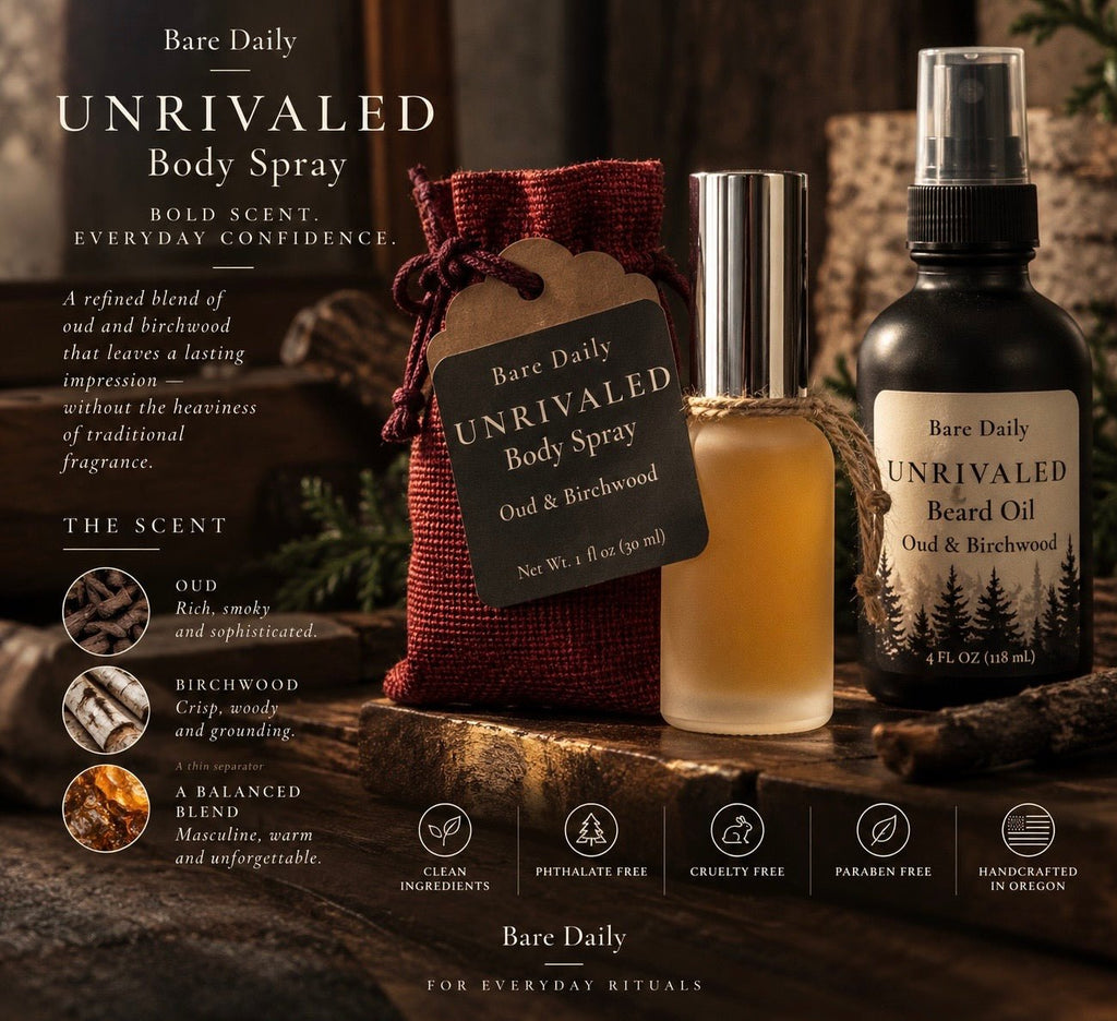 Bare Daily Unrivaled Body Spray shown in a bottle with a silver cap next to a small red fabric pouch, on a rustic wooden surface with product text and icons in the background.
