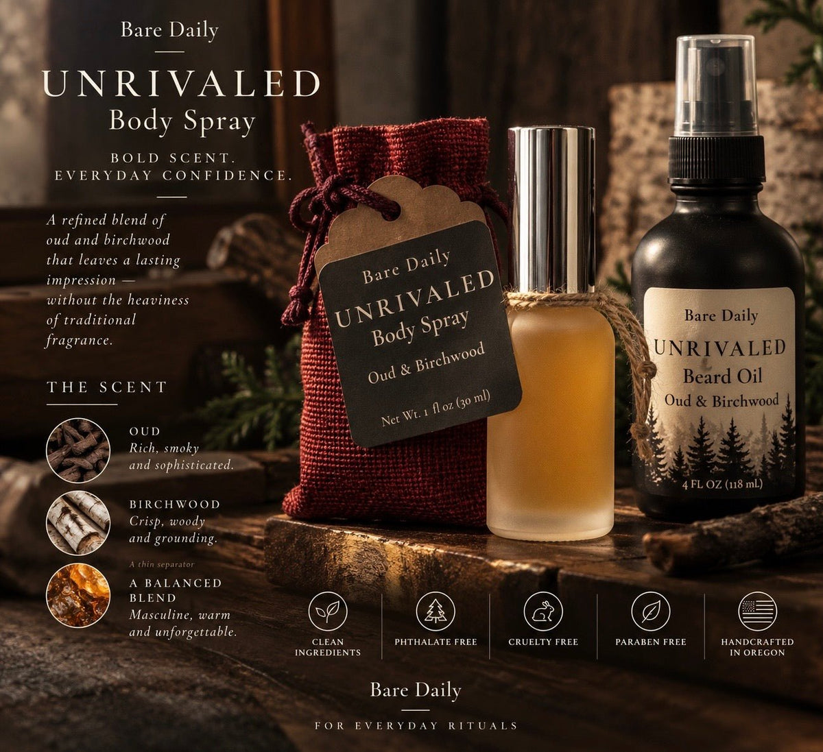 Bare Daily Unrivaled Body Spray shown in a bottle with a silver cap next to a small red fabric pouch, on a rustic wooden surface with product text and icons in the background.